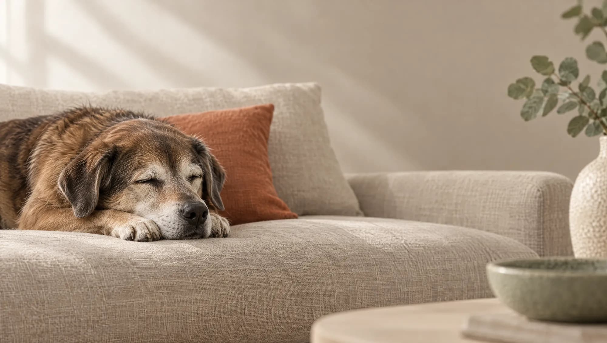 Ein älterer Hund schläft mit dem Kopf auf den Pfoten auf einem Leinensofa.
