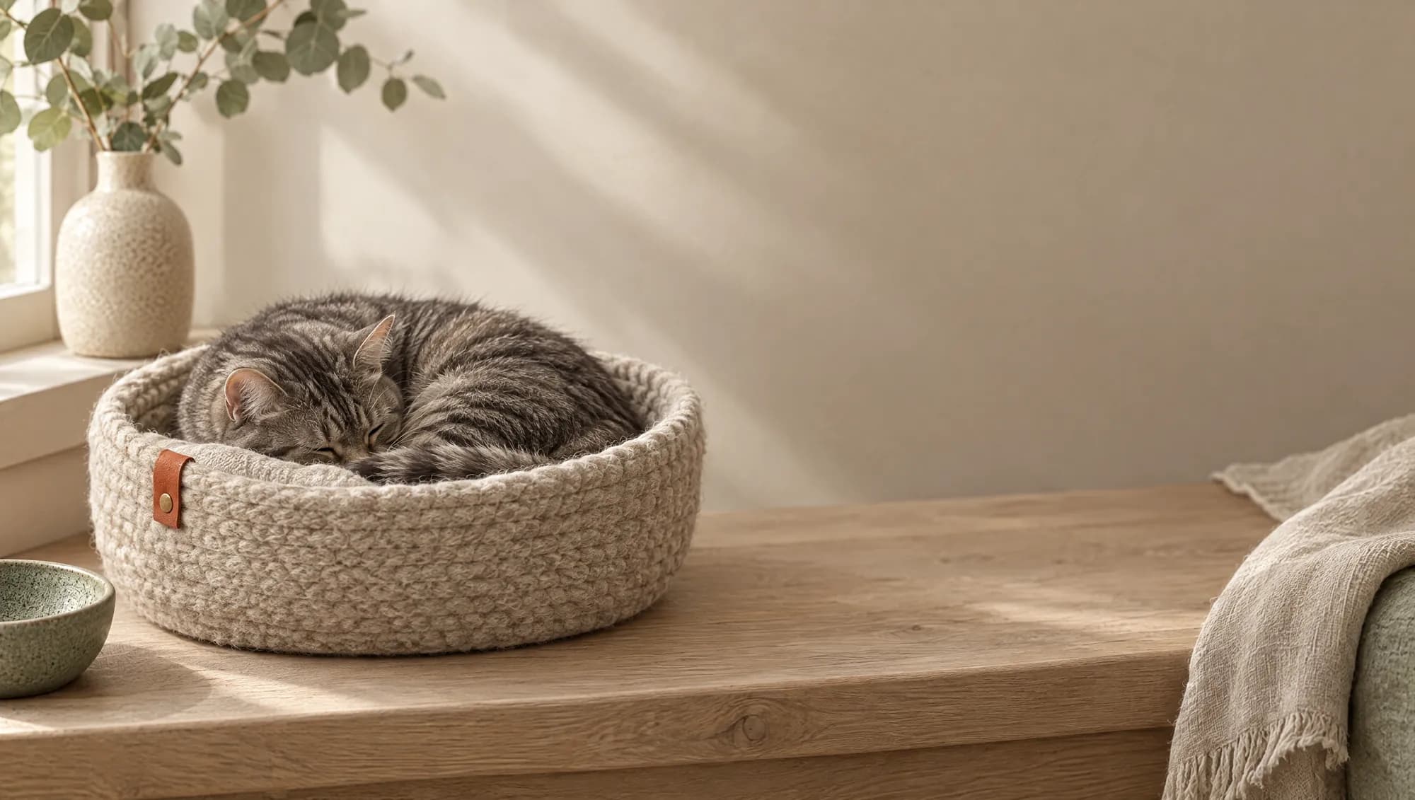 Eine getigerte Katze schläft eingerollt in einem Wollkörbchen auf der Fensterbank.